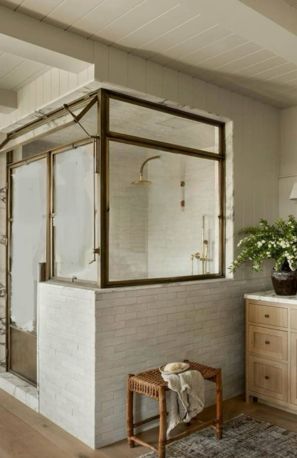 vintage-brass-framed-glass-shower-enclosure-custom-installation Custom vintage-style brass framed glass shower enclosure installed by Westoaks Glass & Mirror.
